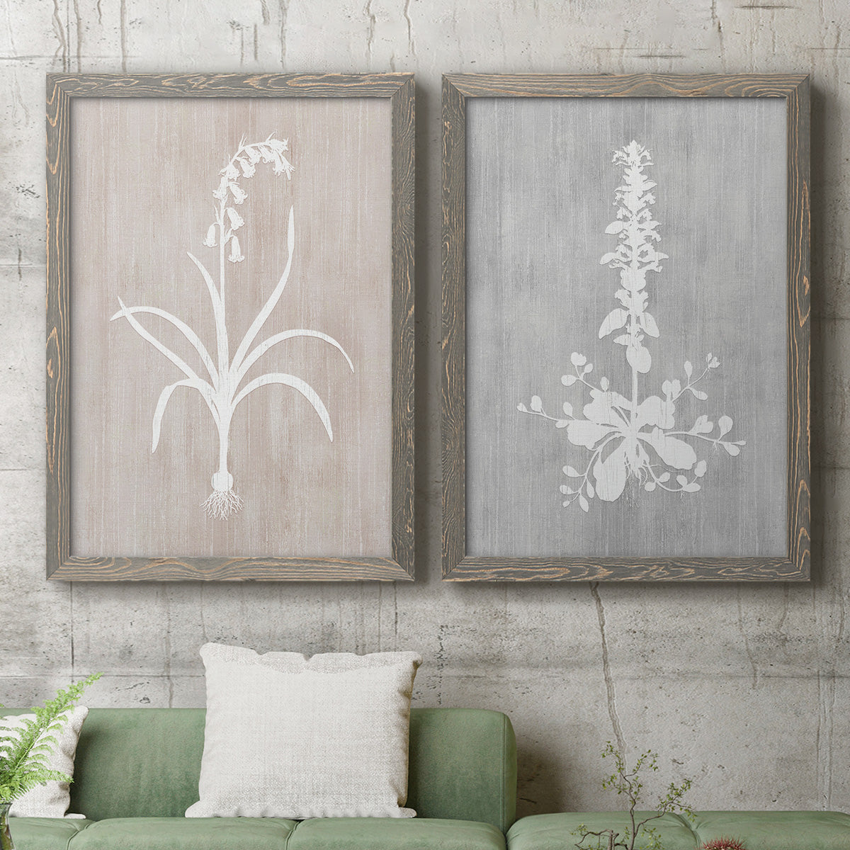 Set of two gray barnwood framed canvas prints depicting a coordinated art pair of white botanical silhouettes on softly weathered neutral backgrounds rendered as rustic minimalist botanical prints above a sofa in a modern living room.