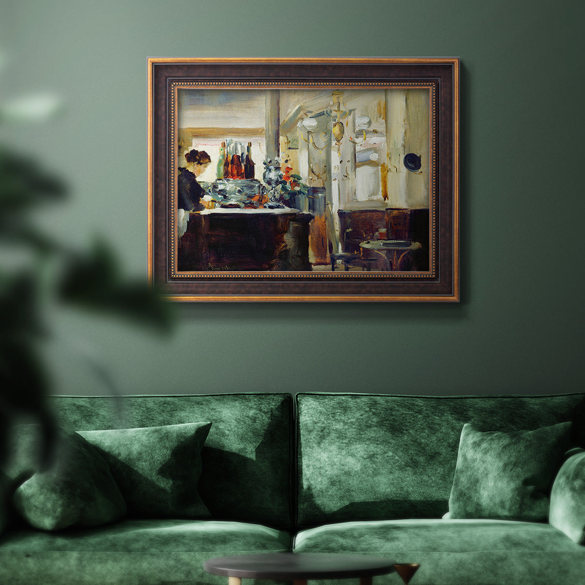 Impressionist café still life scene by Édouard Manet in an ornate bronzed mahogany wood frame displayed in a dark-toned interior setting.