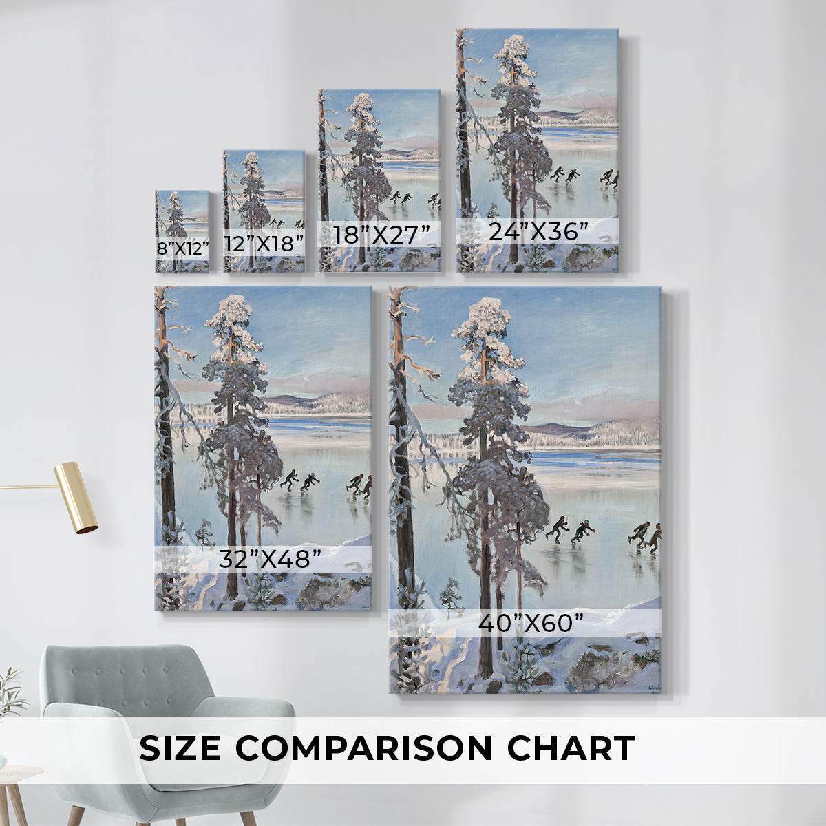 Size comparison chart for canvas art prints, showing multiple size options.