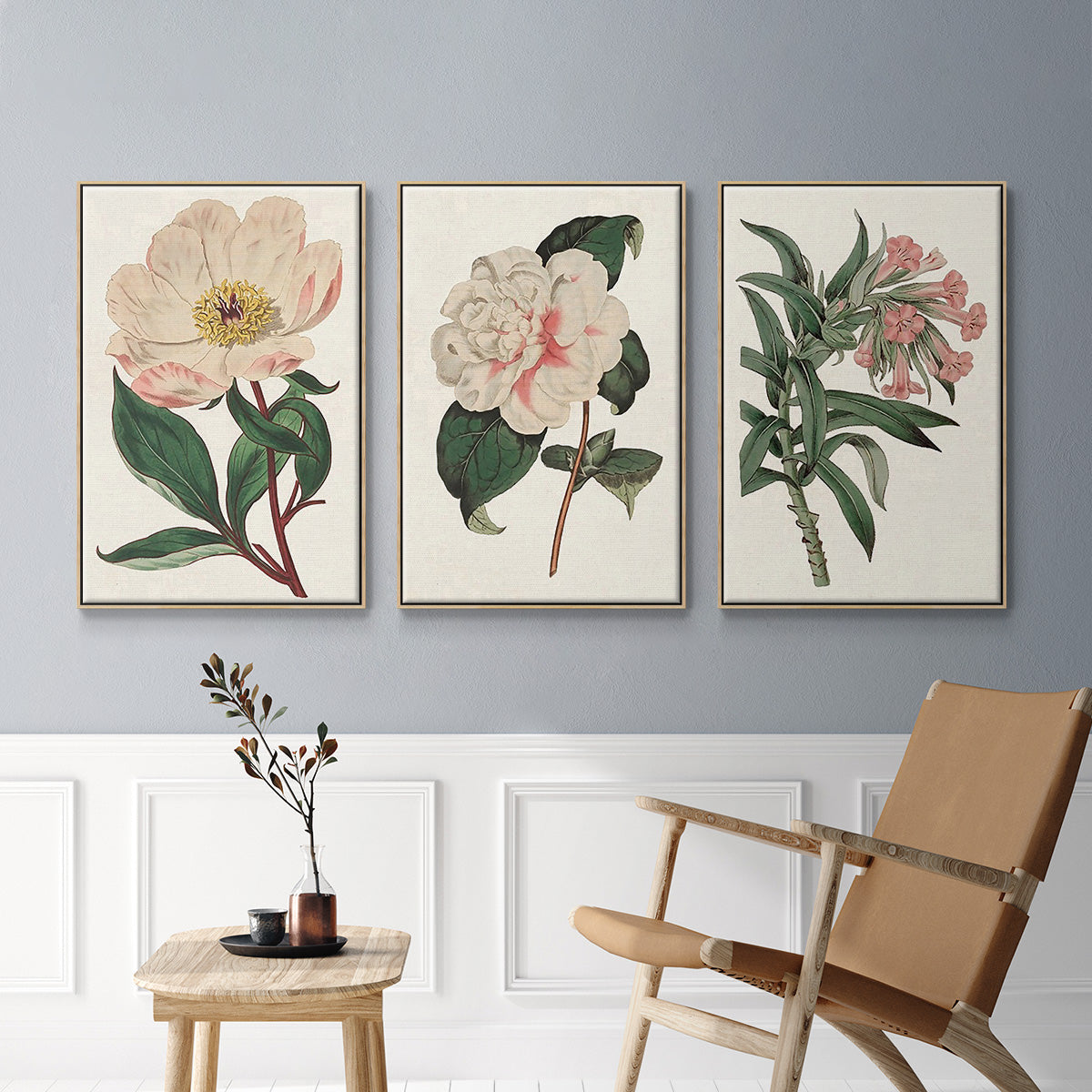 Pink Floral Mix VI - Framed Premium Gallery Wrapped Canvas L Frame 3 Piece Set - Ready to Hang