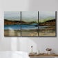 Three-panel canvas wall art featuring peaceful lakeside shoreline landscape, displayed in a bathroom above a bathtub.