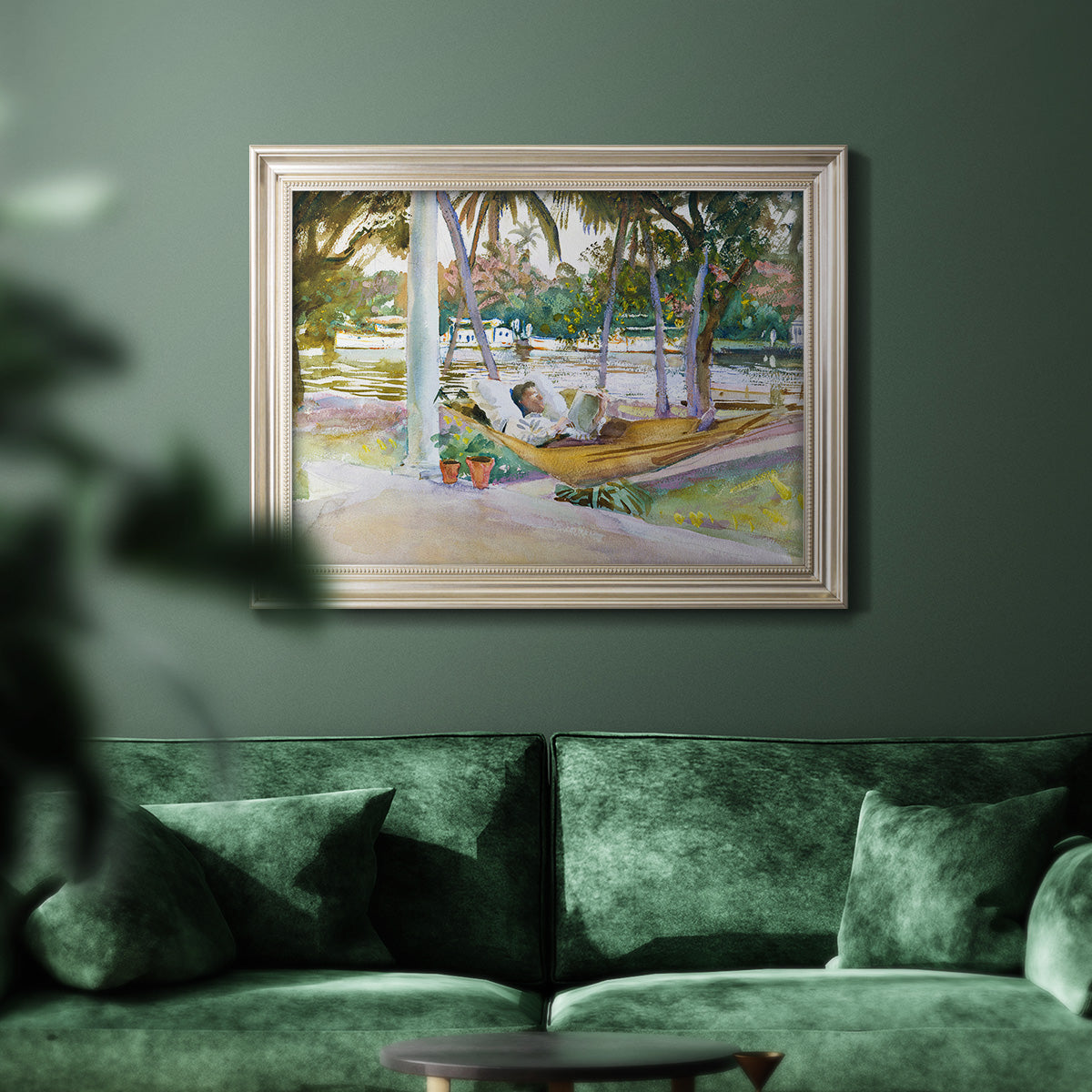 Impressionist leisure portrait scene by John Singer Sargent in an ornate champagne frame displayed in a dark-toned interior setting.