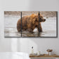 Three-panel canvas wall art featuring wildlife photography animal portrait, displayed in a bathroom above a bathtub.