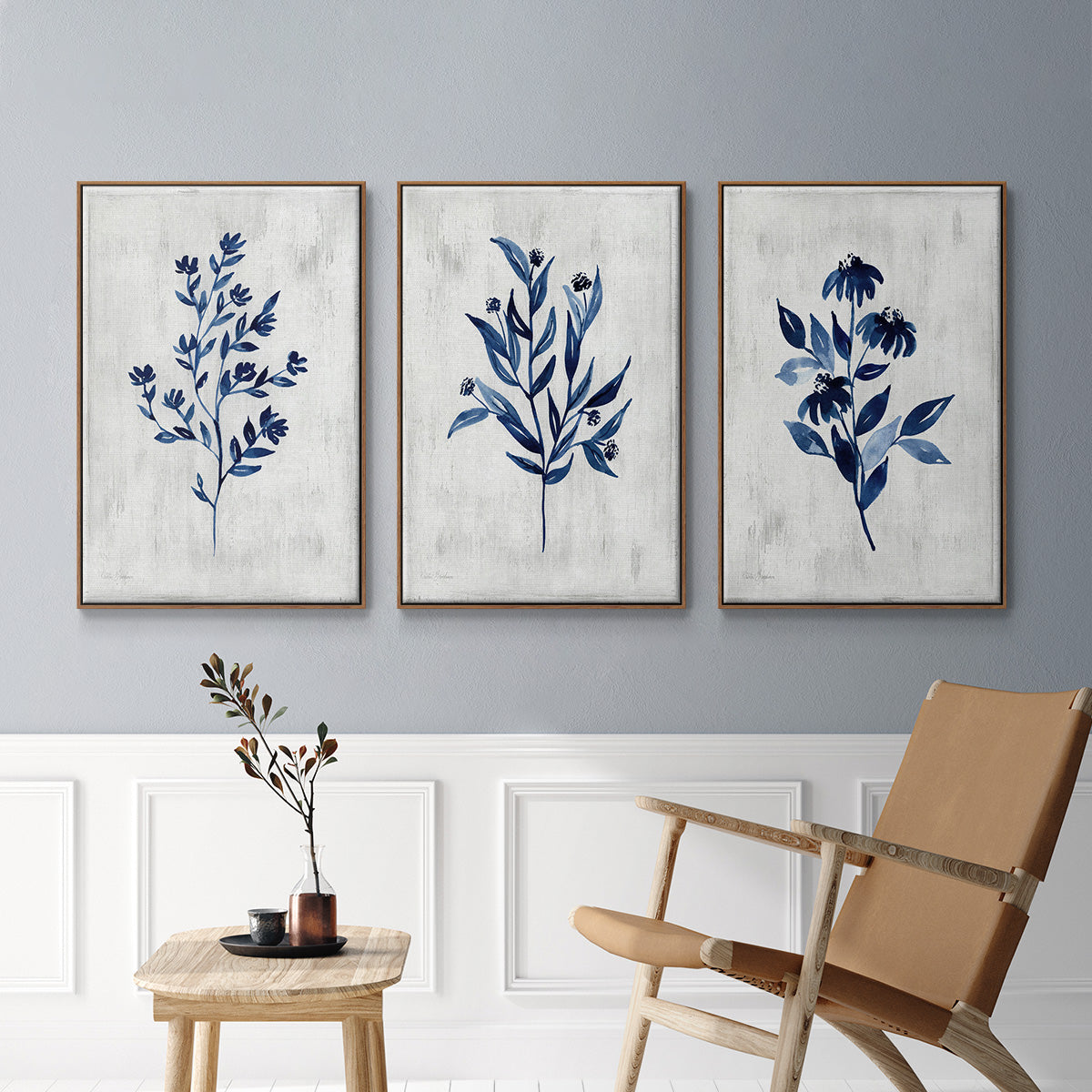 Wild Indigo I - Framed Premium Gallery Wrapped Canvas L Frame 3 Piece Set - Ready to Hang