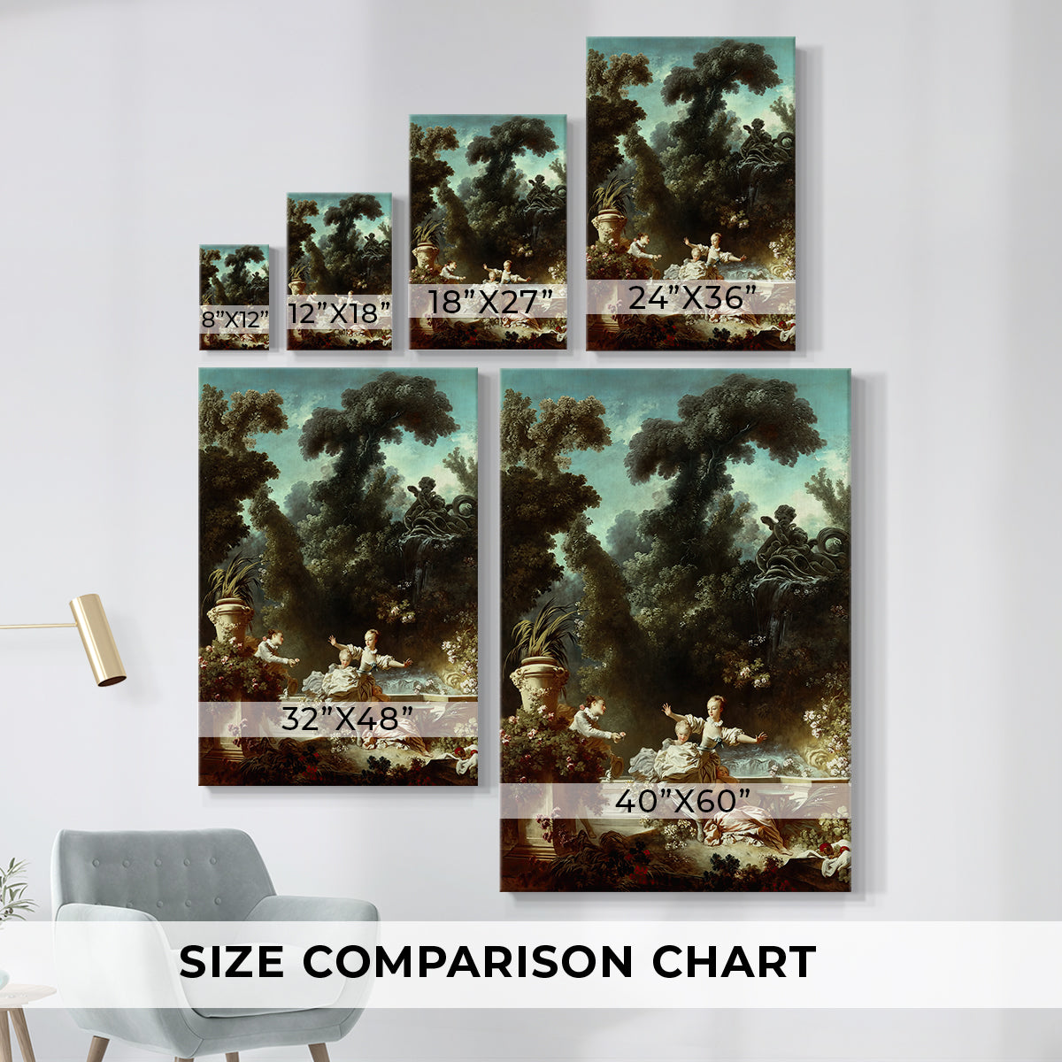 Size comparison chart for canvas art prints, showing multiple size options.