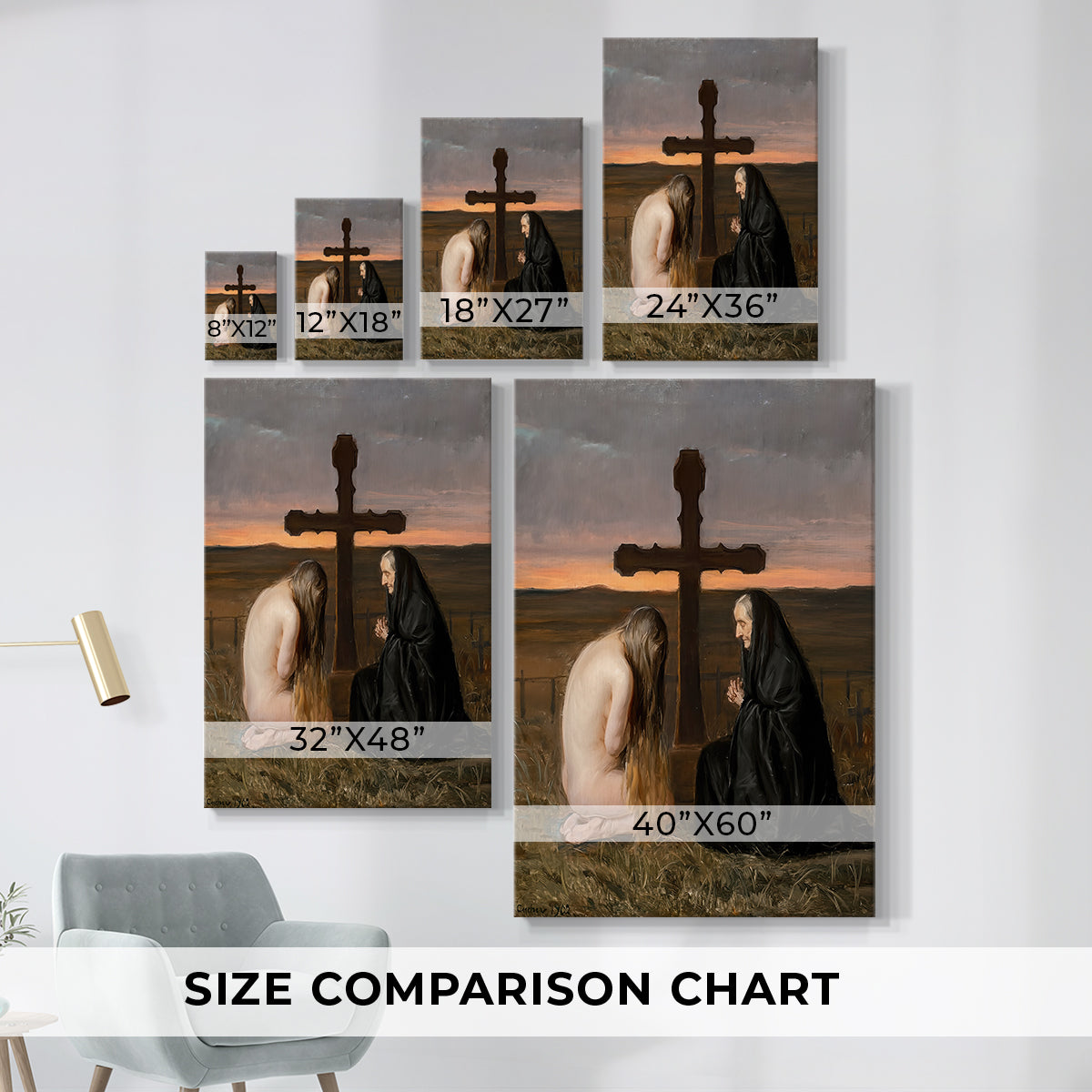 Size comparison chart for canvas art prints, showing multiple size options.