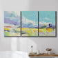 Three-panel canvas wall art featuring open landscape suggesting distant journey, displayed in a bathroom above a bathtub.