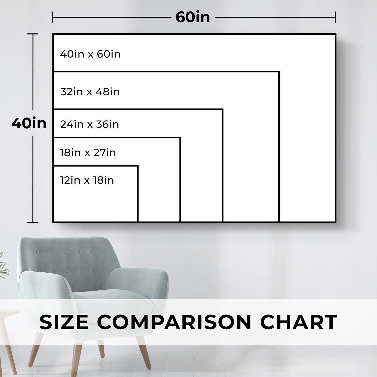 Size comparison chart for canvas art prints, showing multiple size options.