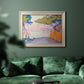 Pointillist coastal seascape by Paul Signac in an ornate champagne frame displayed in a dark-toned interior setting.
