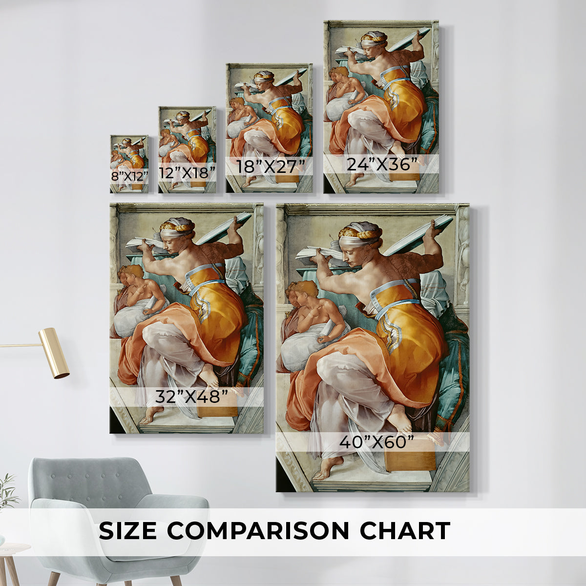 Size comparison chart for canvas art prints, showing multiple size options.