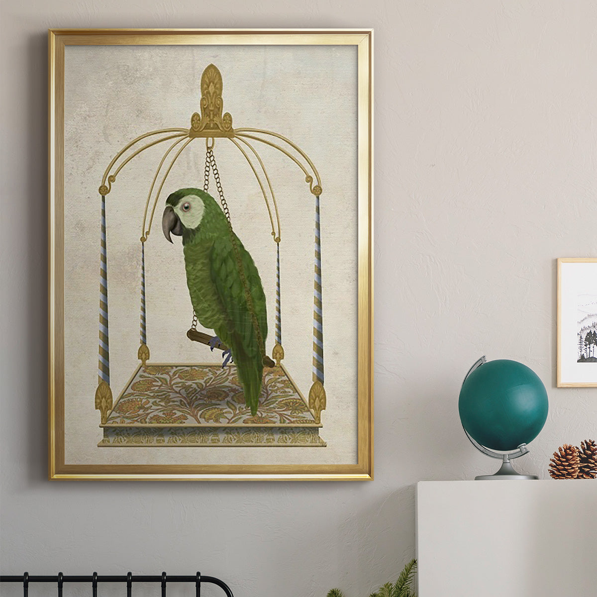 Green Parrot on Swing - Modern Framed Canvas Print