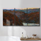 Three-panel canvas wall art featuring impressionist valley landscape, displayed in a bathroom above a bathtub.