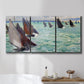 Three-panel canvas wall art featuring sailboat regatta near coastal village, displayed in a bathroom above a bathtub.