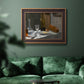 Impressionist still life with wine and bread by Claude Monet in an ornate bronzed mahogany wood frame displayed in a dark-toned interior setting.