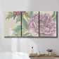 Three-panel canvas wall art featuring soft pink peony blossoms, displayed in a bathroom above a bathtub.