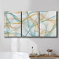 Three-panel canvas wall art featuring flowing abstract curves and wave patterns, displayed in a bathroom above a bathtub.