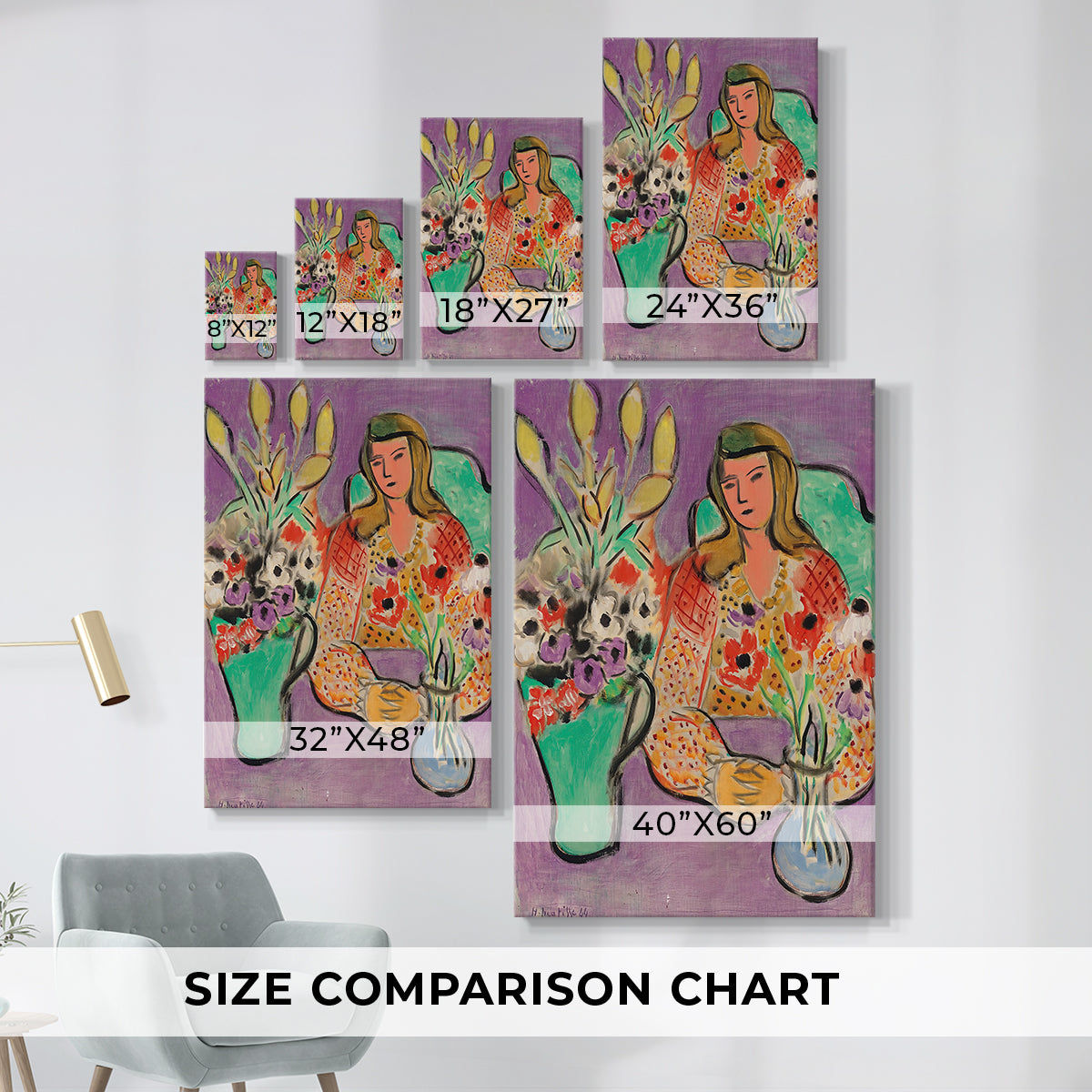 Size comparison chart for canvas art prints, showing multiple size options.