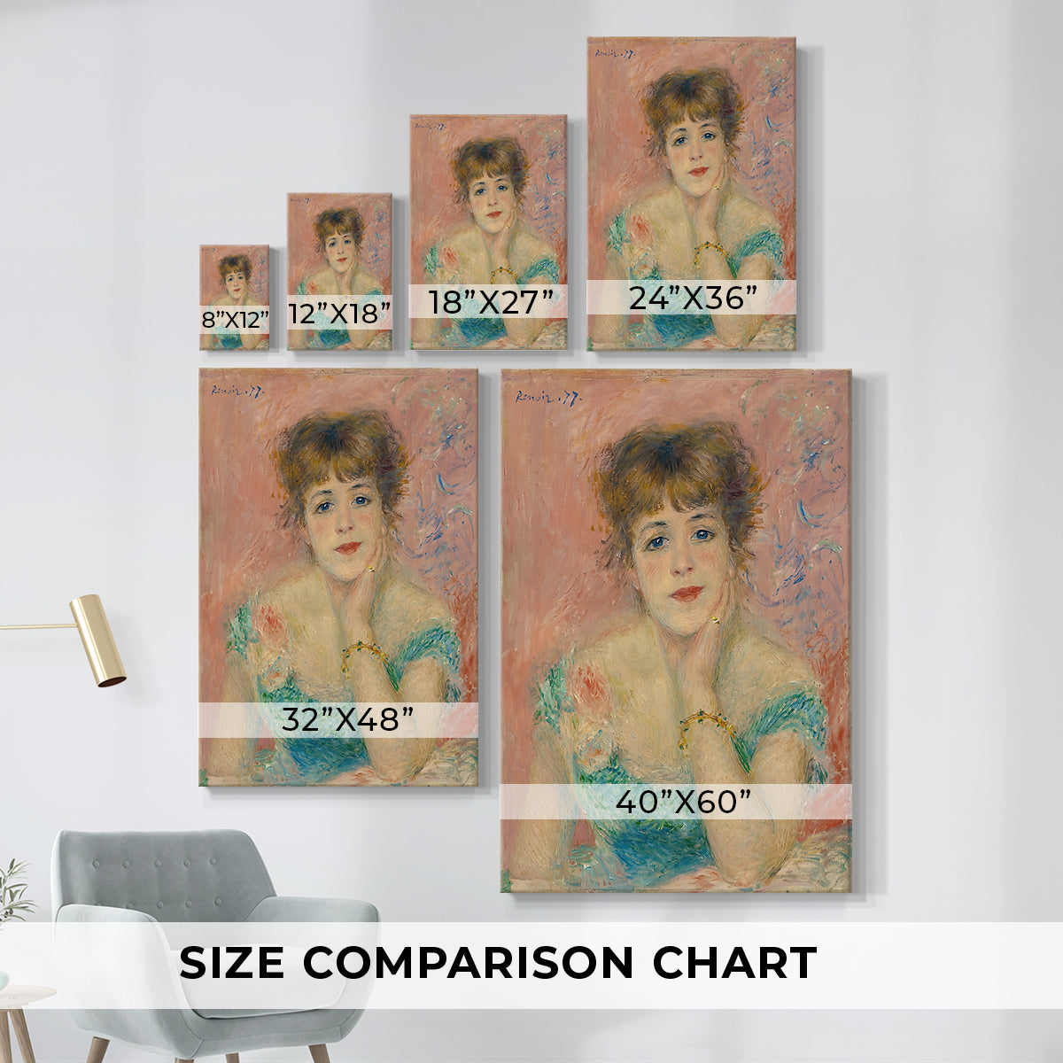 Size comparison chart for canvas art prints, showing multiple size options.