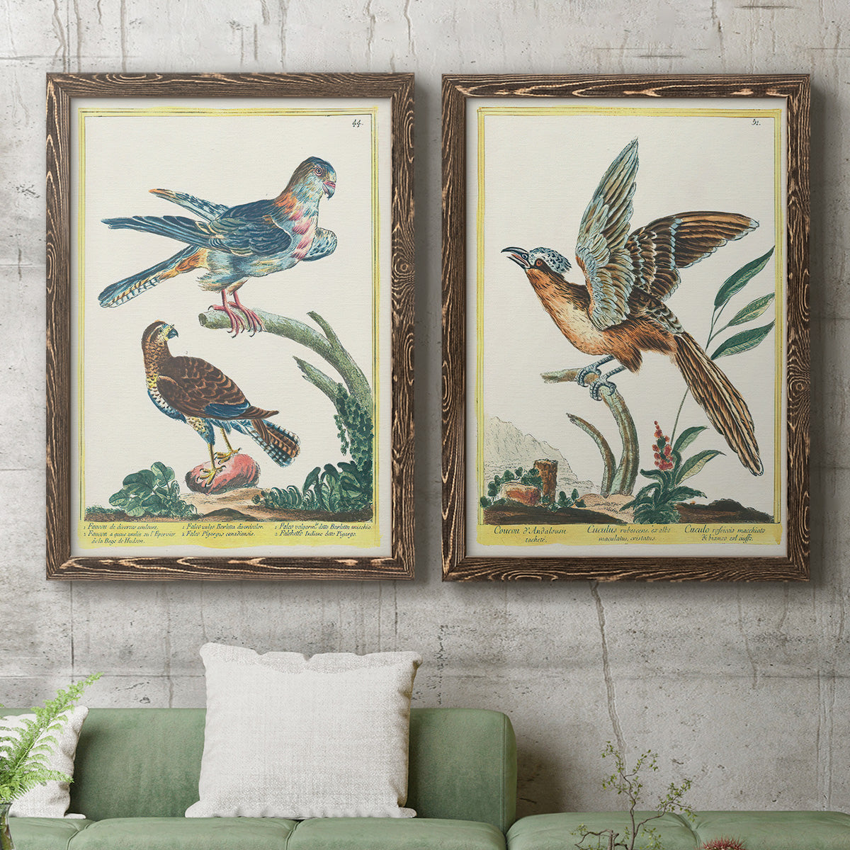 Set of two walnut barnwood framed canvas prints depicting a coordinated art pair of misty blue gray and violet marks hovering across pale grounds rendered as atmospheric abstract paintings above a sofa in a modern living room.
