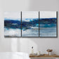 Three-panel canvas wall art featuring moody abstract sea with depth, displayed in a bathroom above a bathtub.