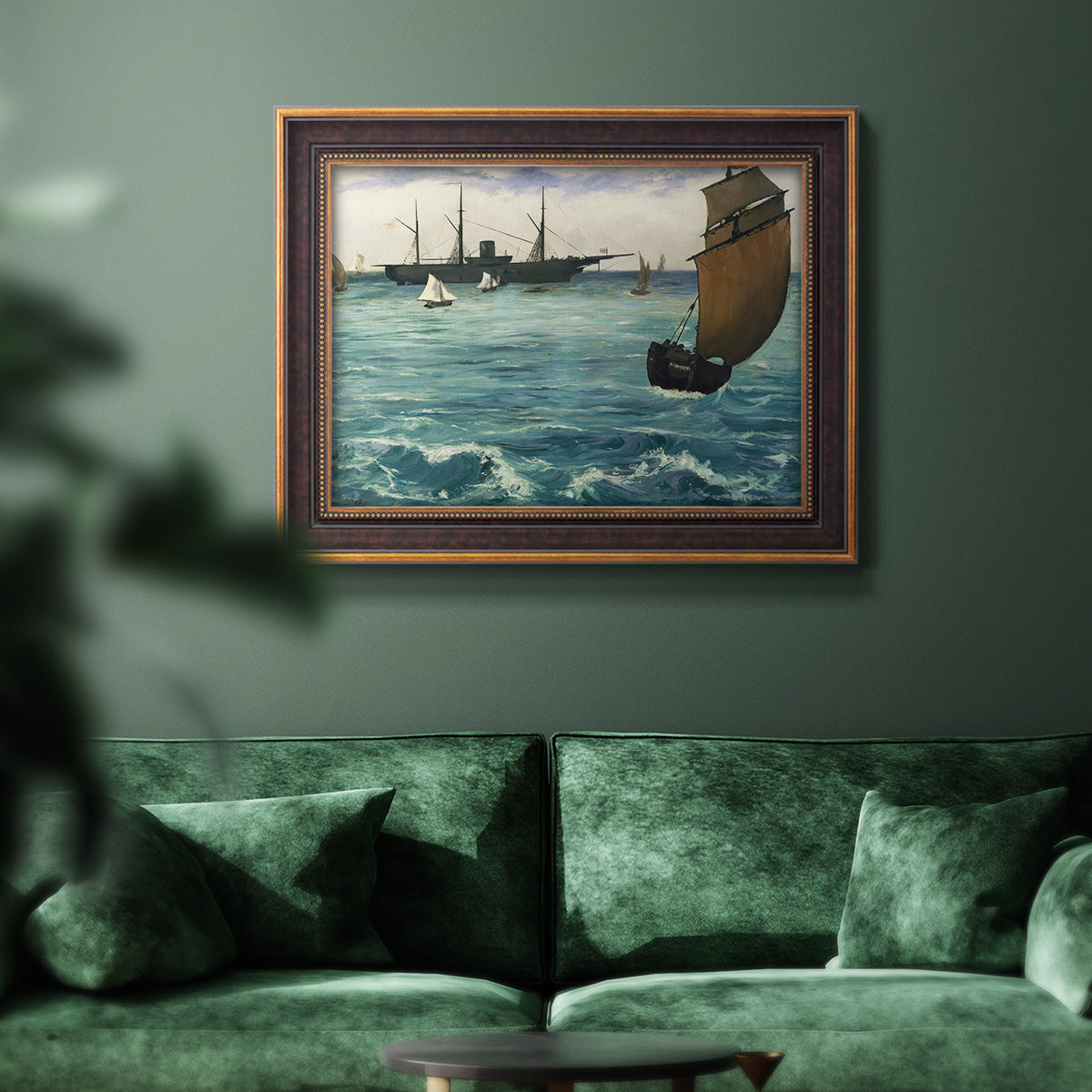 Impressionist naval seascape with the Kearsarge by Édouard Manet in an ornate bronzed mahogany wood frame displayed in a dark-toned interior setting.