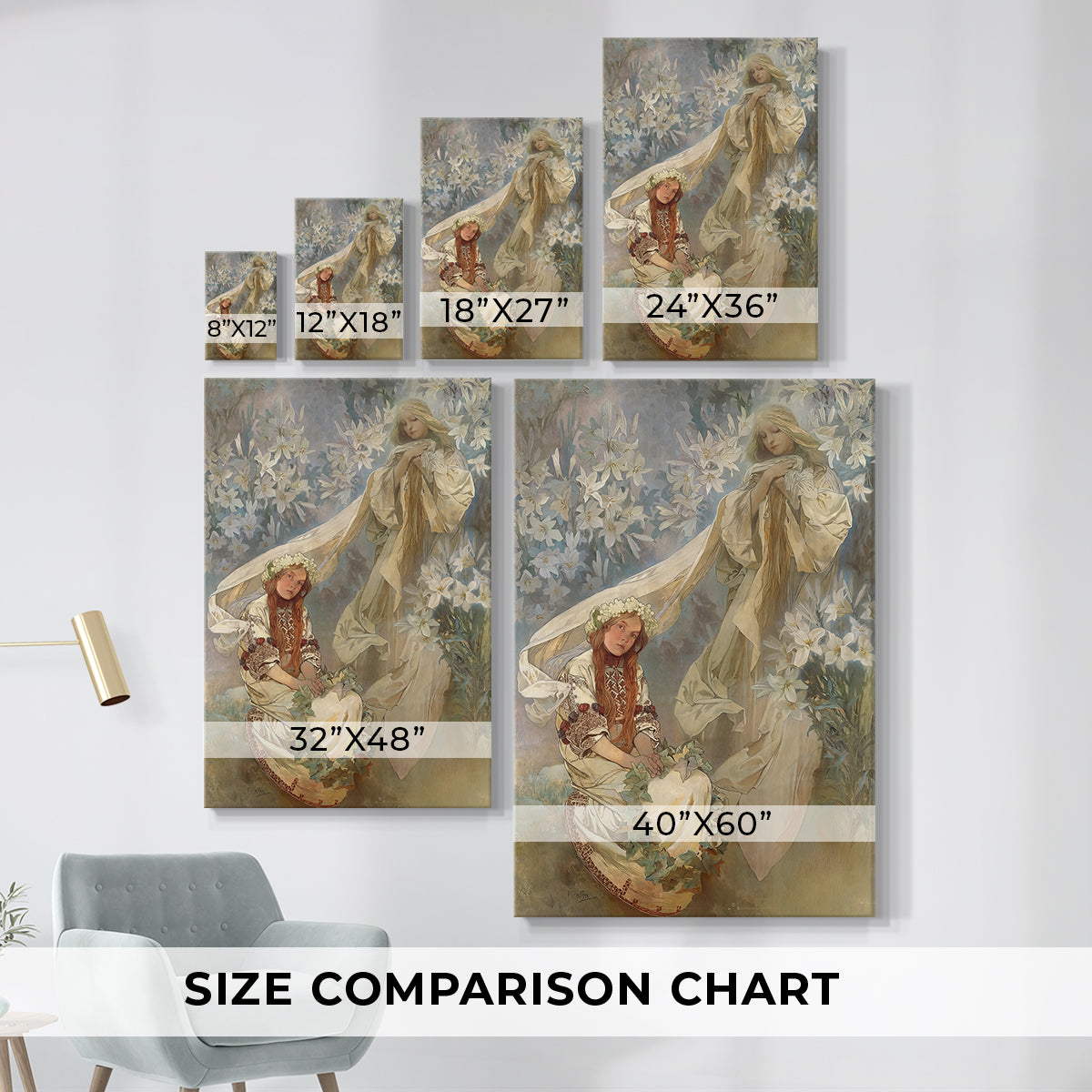 Size comparison chart for canvas art prints, showing multiple size options.