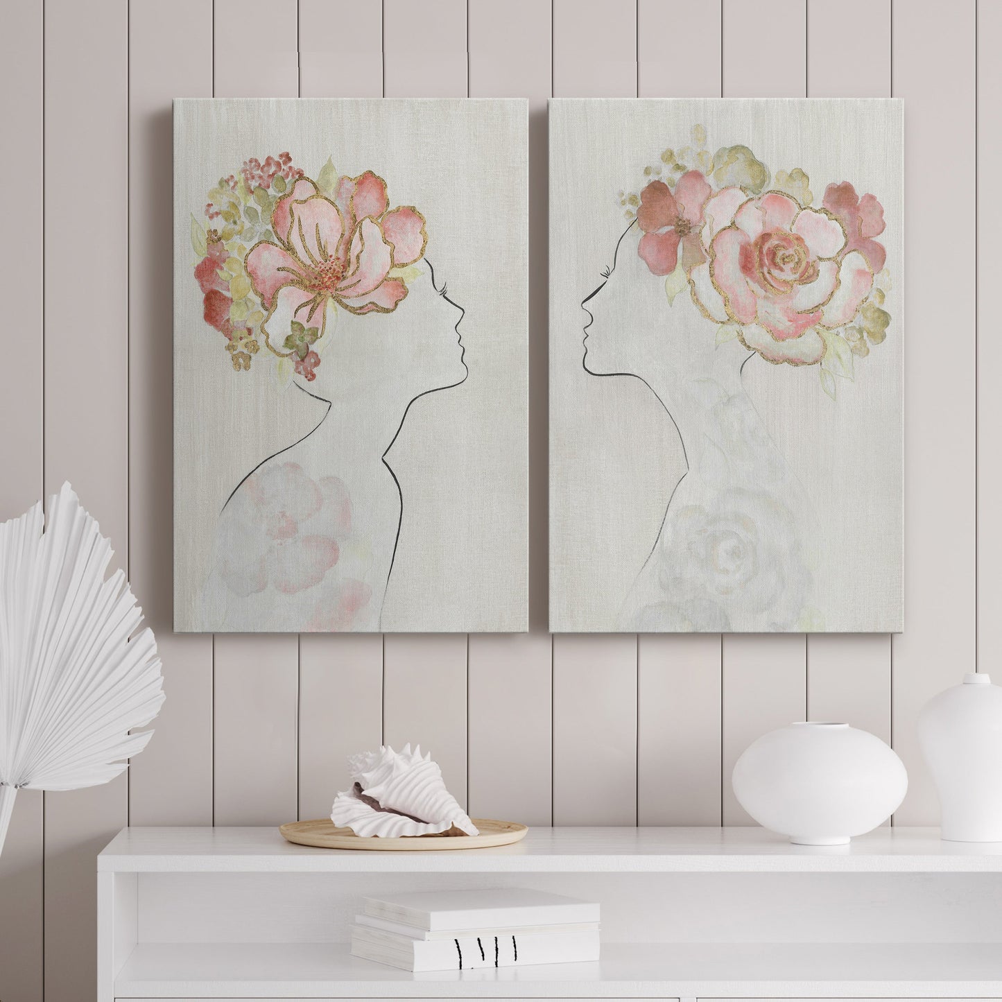 Fashion Floral Silhouette I Premium Gallery Wrapped Canvas - Ready to Hang - Set of 2 - 8 x 12 Each