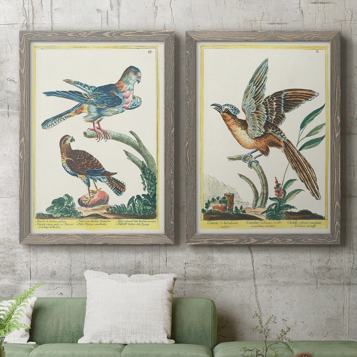 Set of two gray barnwood framed canvas prints depicting a coordinated art pair of misty blue gray and violet marks hovering across pale grounds rendered as atmospheric abstract paintings above a sofa in a modern living room.