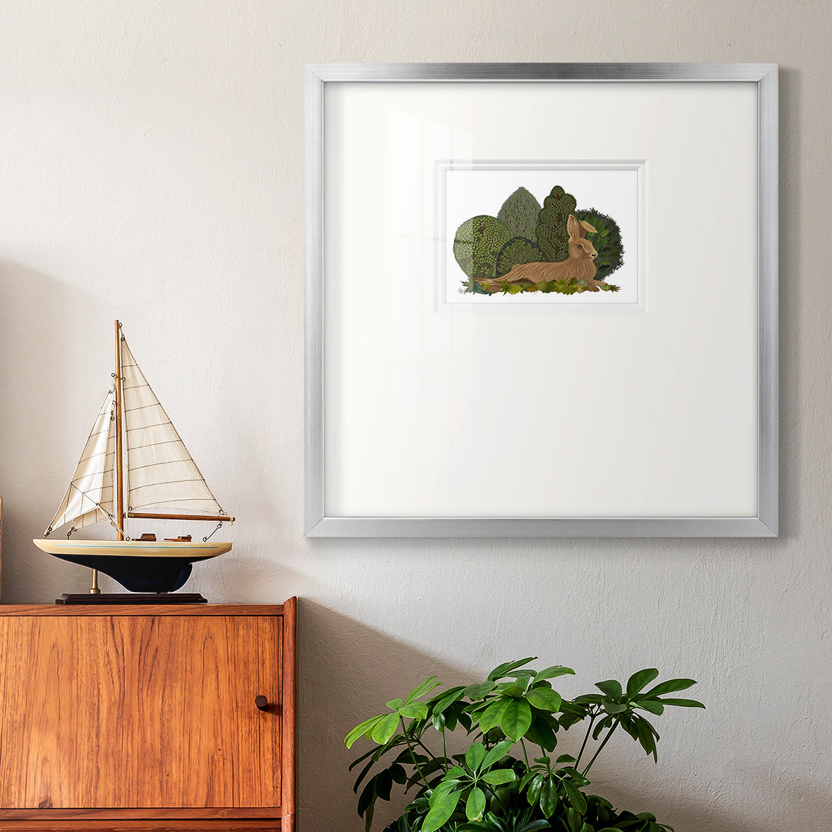 Hare Reclining in Leaves Premium Framed Print Double Matboard