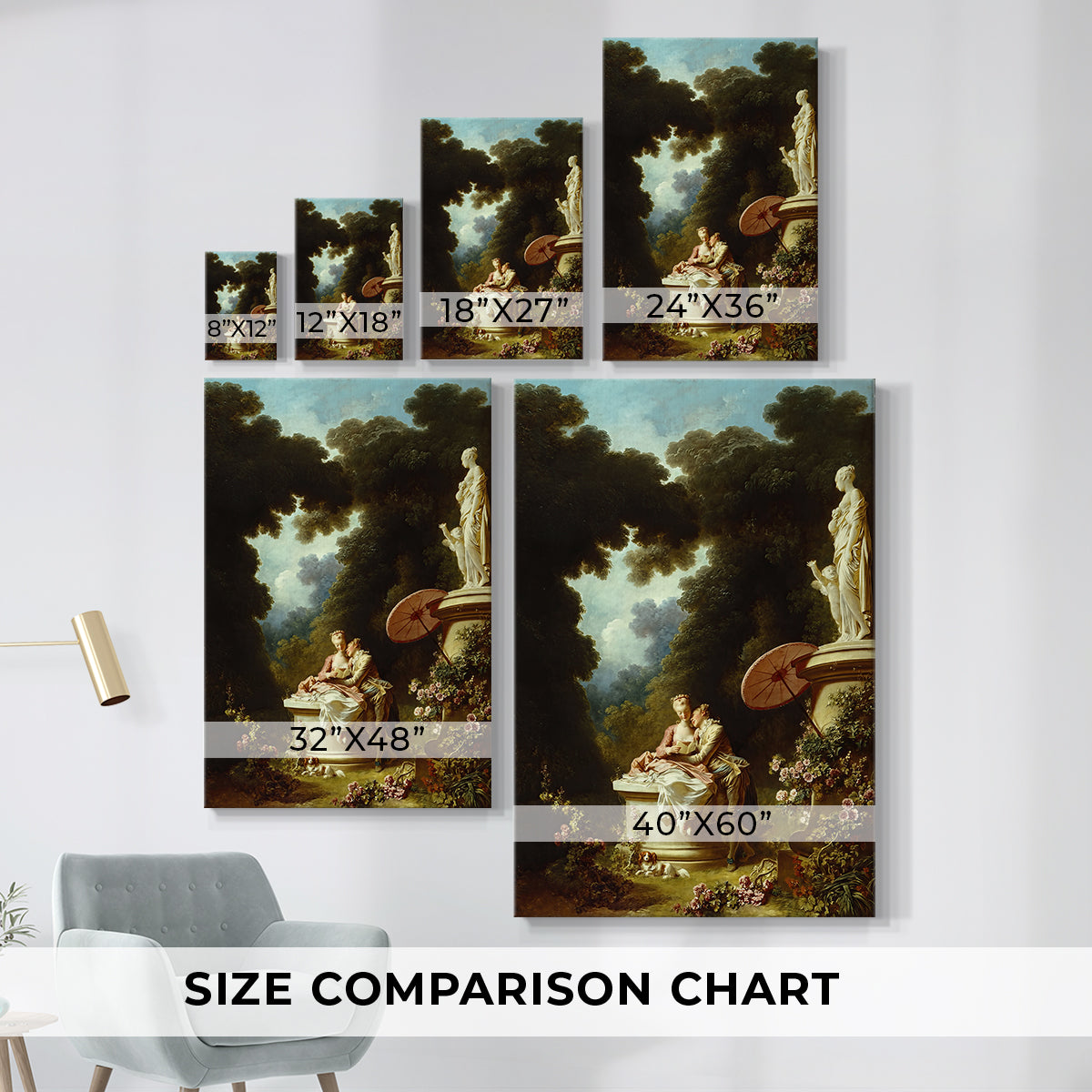 Size comparison chart for canvas art prints, showing multiple size options.