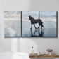 Three-panel canvas wall art featuring running horses captured mid stride, displayed in a bathroom above a bathtub.