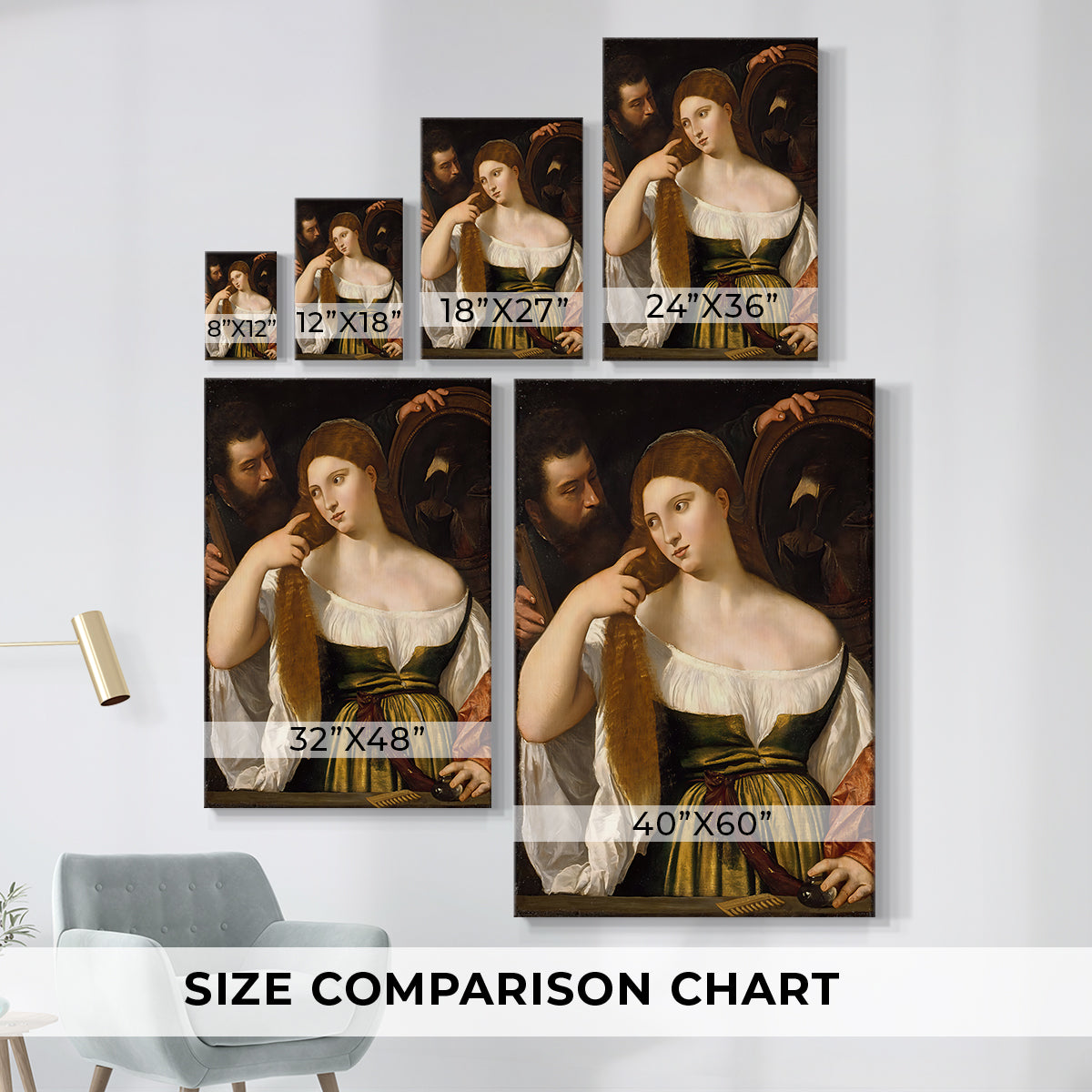 Size comparison chart for canvas art prints, showing multiple size options.