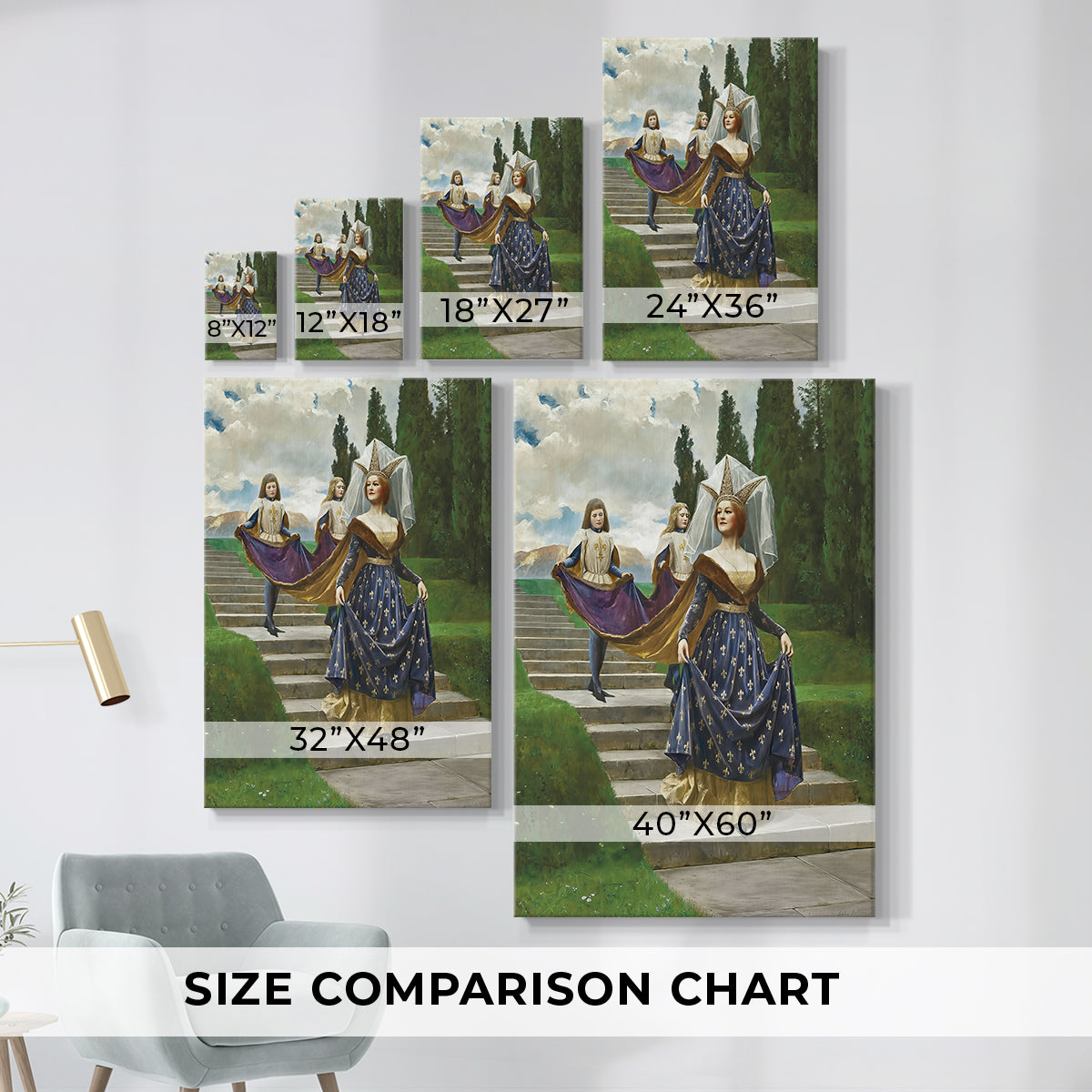 Size comparison chart for canvas art prints, showing multiple size options.