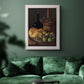 Realist still life with figs and bread by Luis Meléndez in an ornate weathered white frame displayed in a dark-toned interior setting.