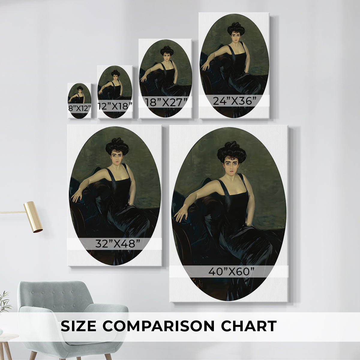 Size comparison chart for canvas art prints, showing multiple size options.