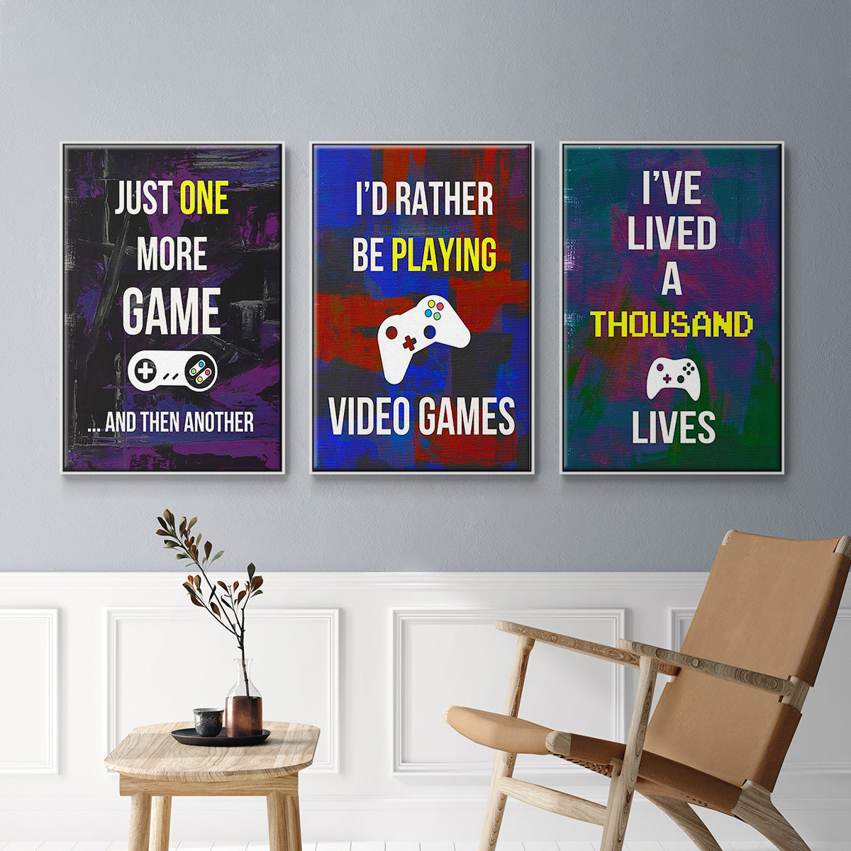 Gamer at Play I - Framed Premium Gallery Wrapped Canvas L Frame 3 Piece Set - Ready to Hang