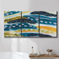 Three-panel canvas wall art featuring feather inspired abstract linear motion, displayed in a bathroom above a bathtub.