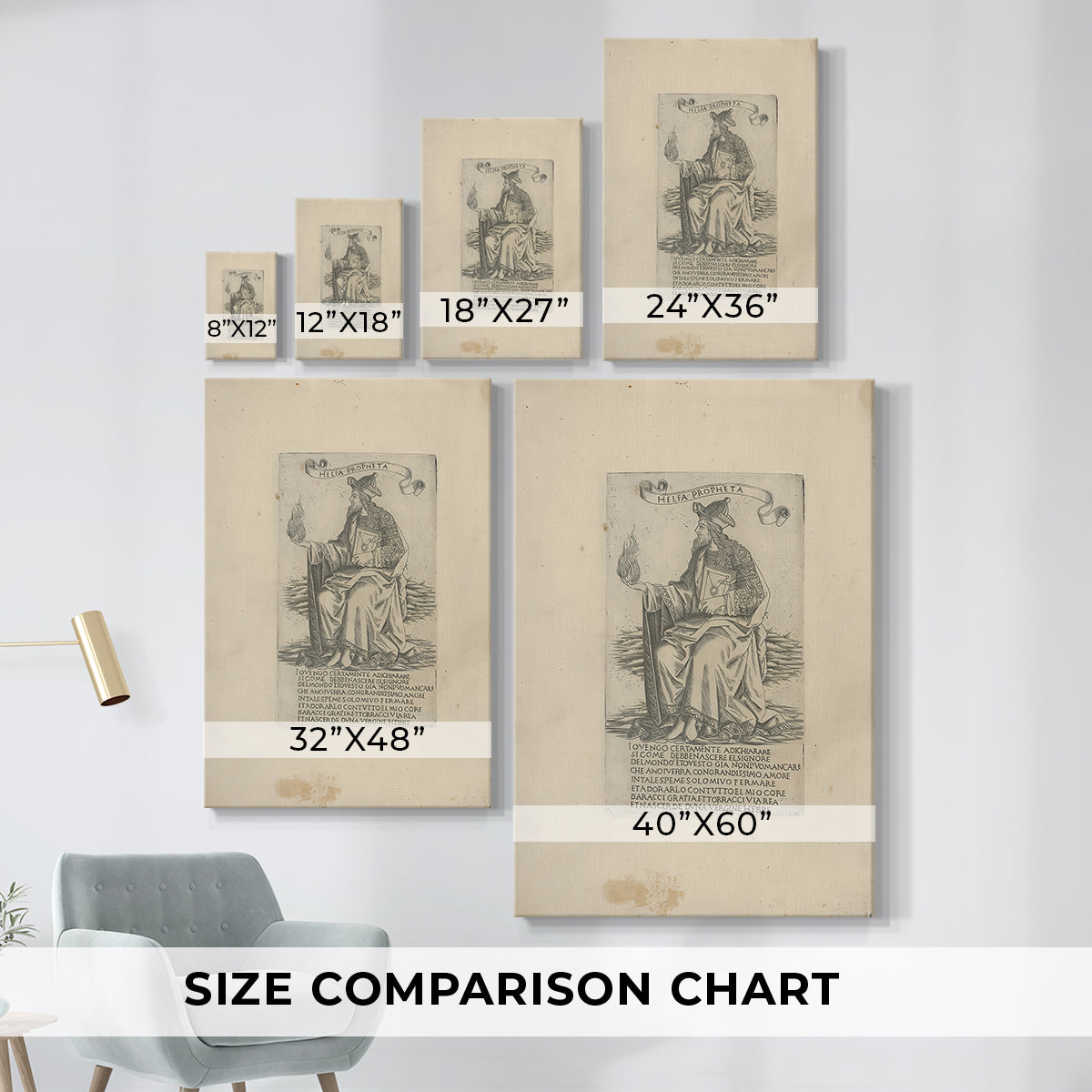 Size comparison chart for canvas art prints, showing multiple size options.