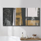 Three-panel canvas wall art featuring industrial mid century abstract glitch, displayed in a bathroom above a bathtub.