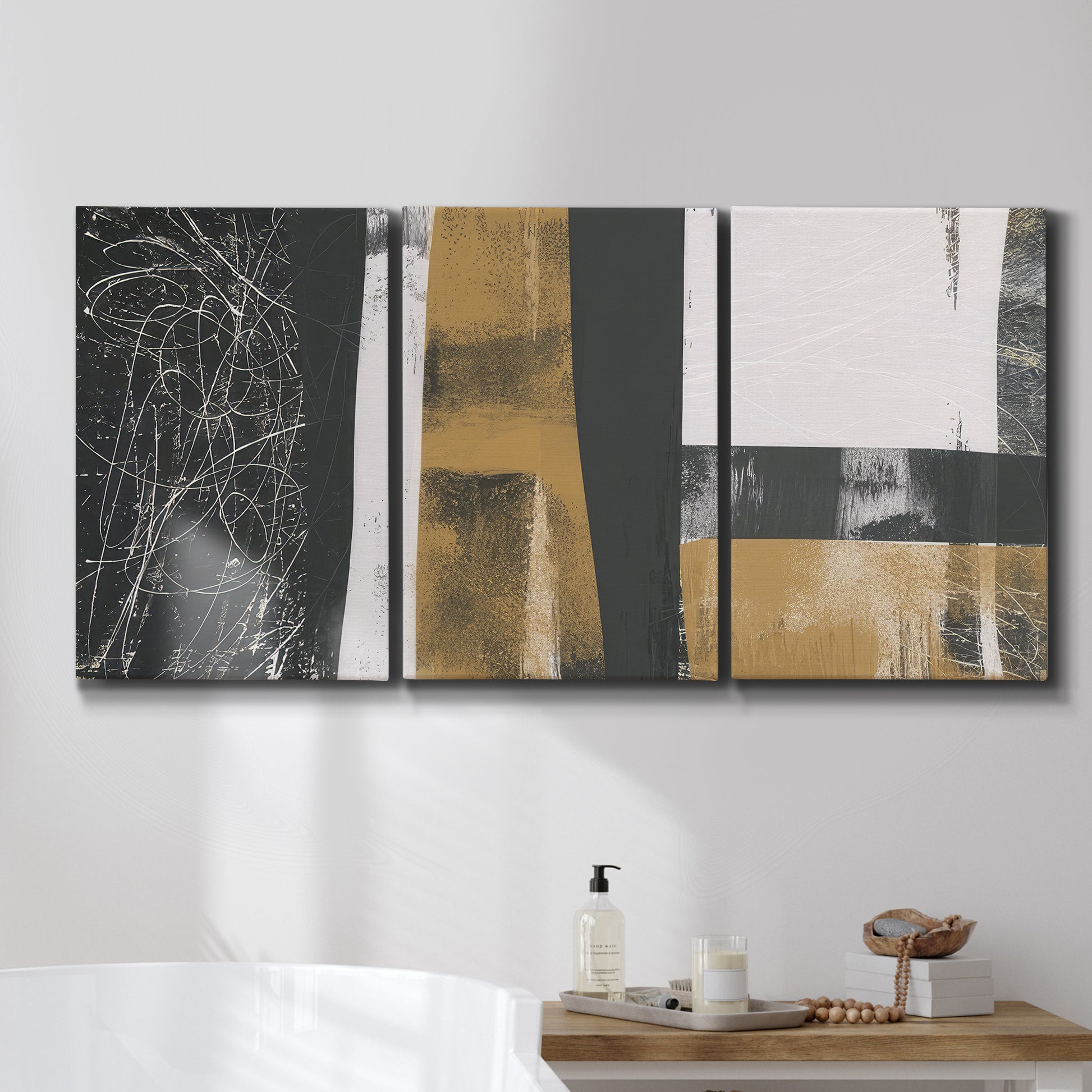 Three-panel canvas wall art featuring industrial mid century abstract glitch, displayed in a bathroom above a bathtub.