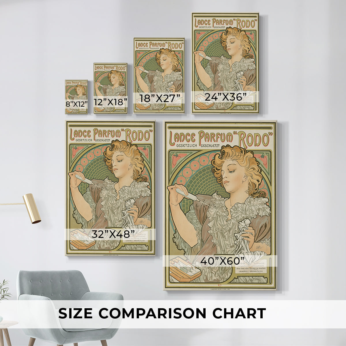 Size comparison chart for canvas art prints, showing multiple size options.