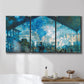 Three-panel canvas wall art featuring railway station filled with steam, displayed in a bathroom above a bathtub.