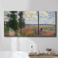 Three-panel canvas wall art featuring poppy field in open countryside, displayed in a bathroom above a bathtub.