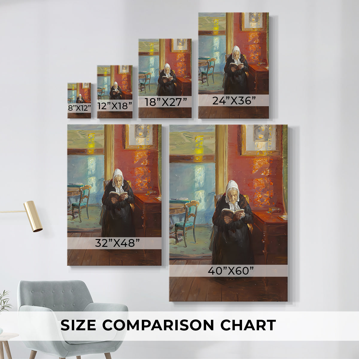 Size comparison chart for canvas art prints, showing multiple size options.