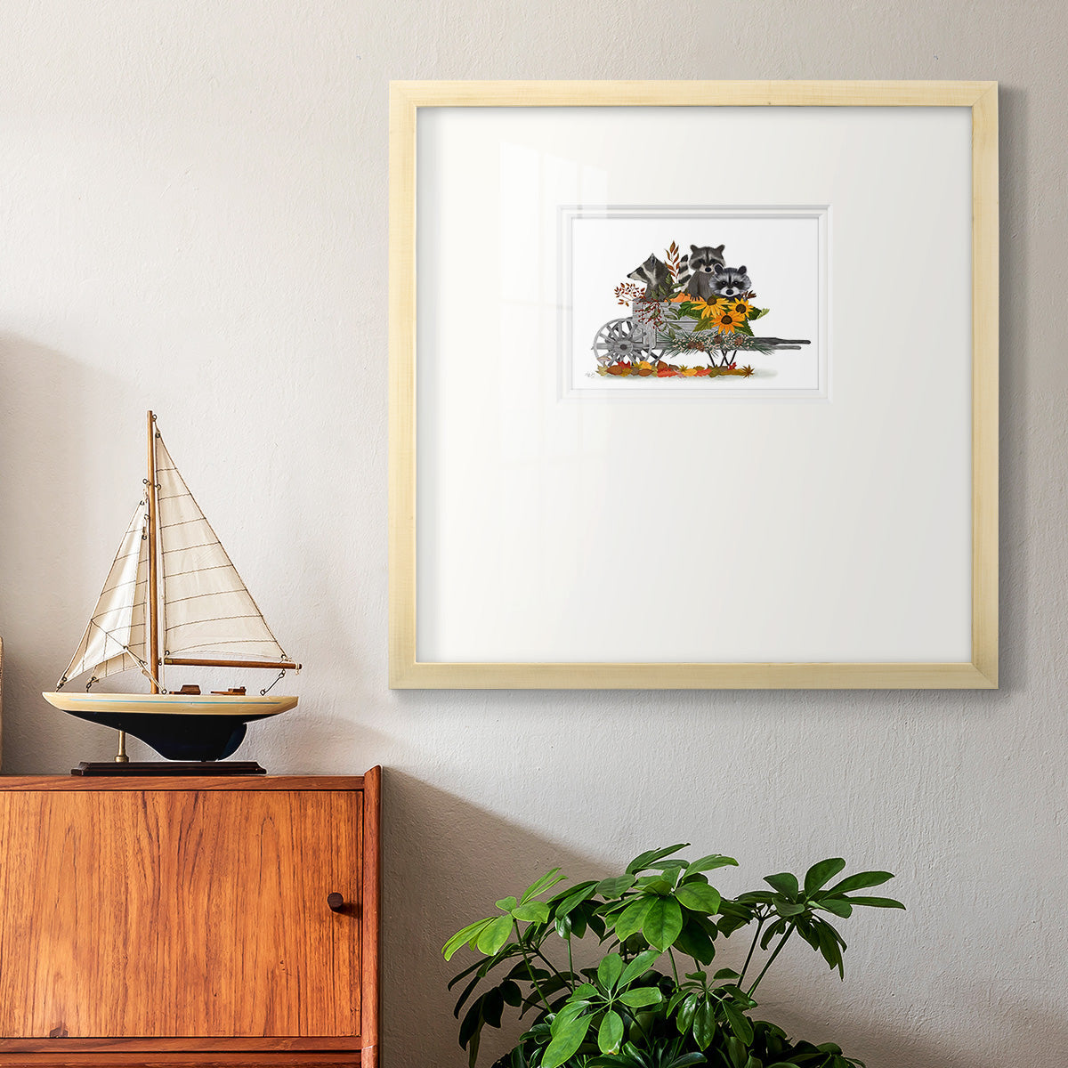 Raccoon Wheelbarrow Premium Framed Print Double Matboard