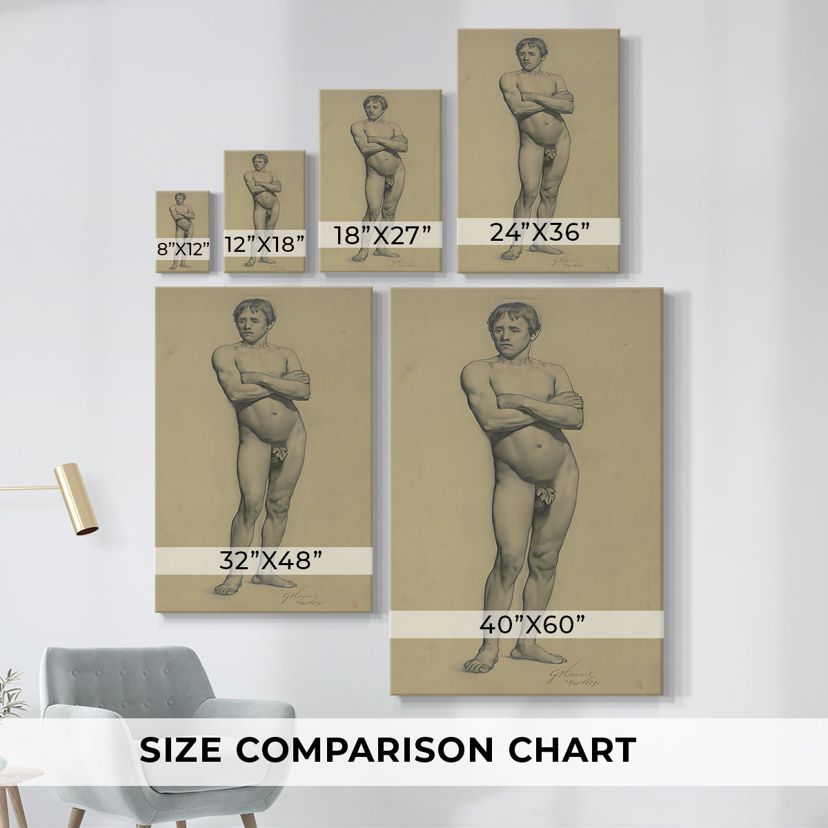 Size comparison chart for canvas art prints, showing multiple size options.