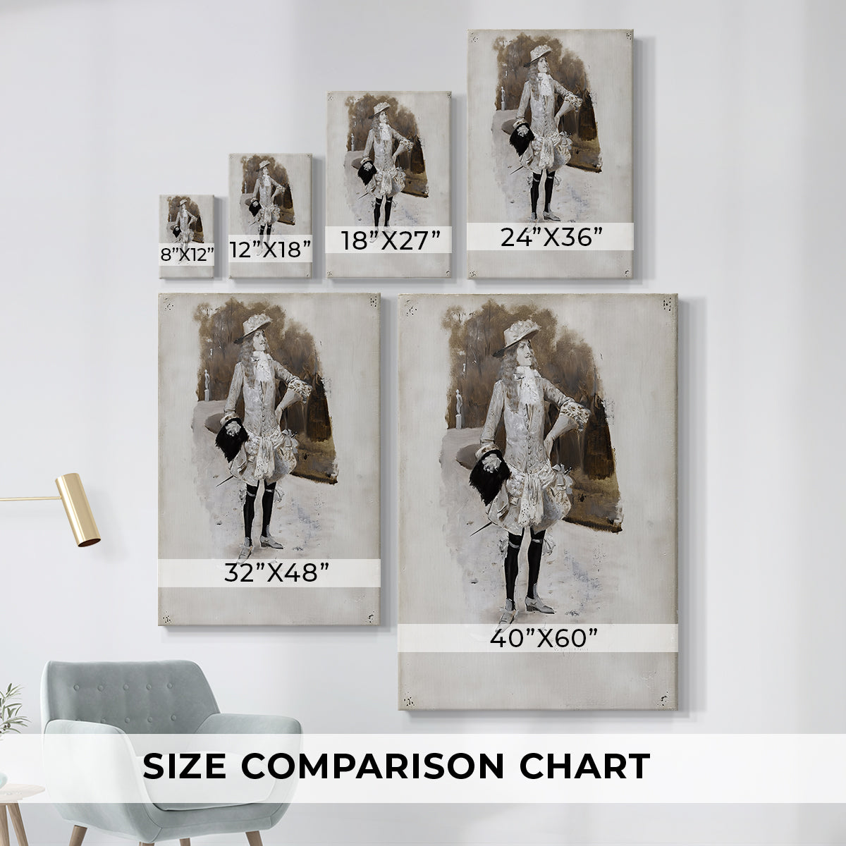 Size comparison chart for canvas art prints, showing multiple size options.