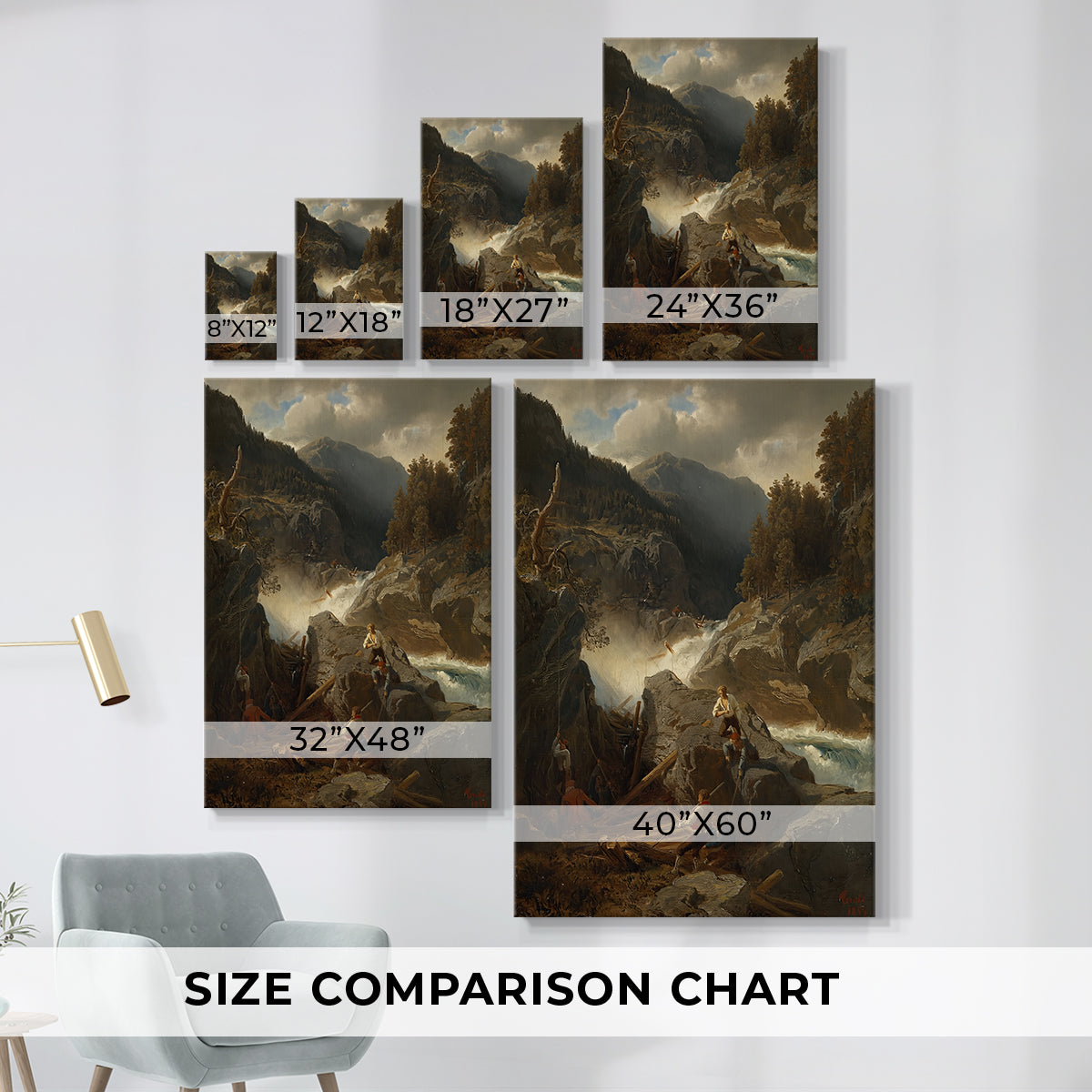 Size comparison chart for canvas art prints, showing multiple size options.