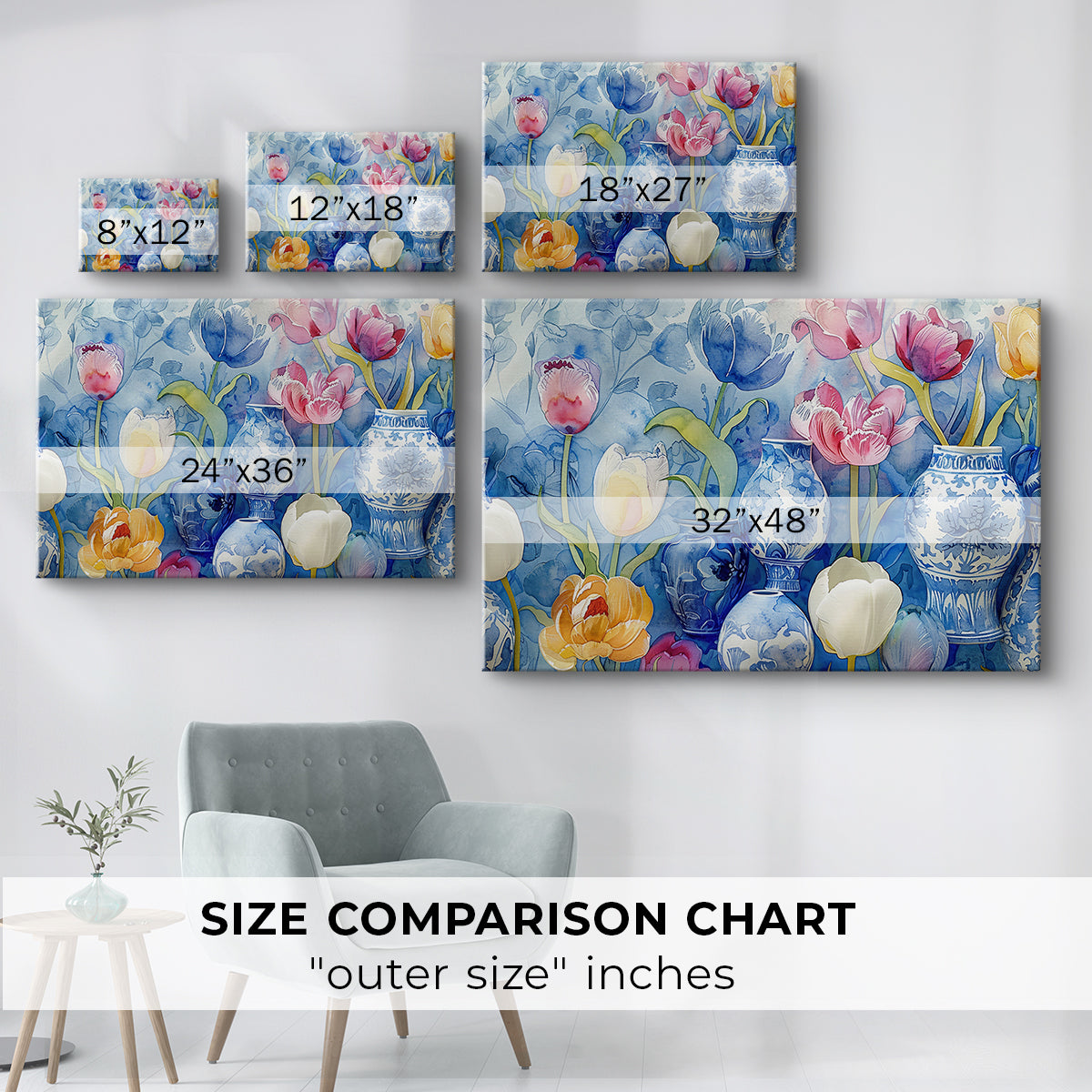 Colorful floral arrangement with blue and white vases on a bright background showcasing artistic design and craftsmanship