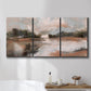 Three-panel canvas wall art featuring quiet pond with soft reflections, displayed in a bathroom above a bathtub.